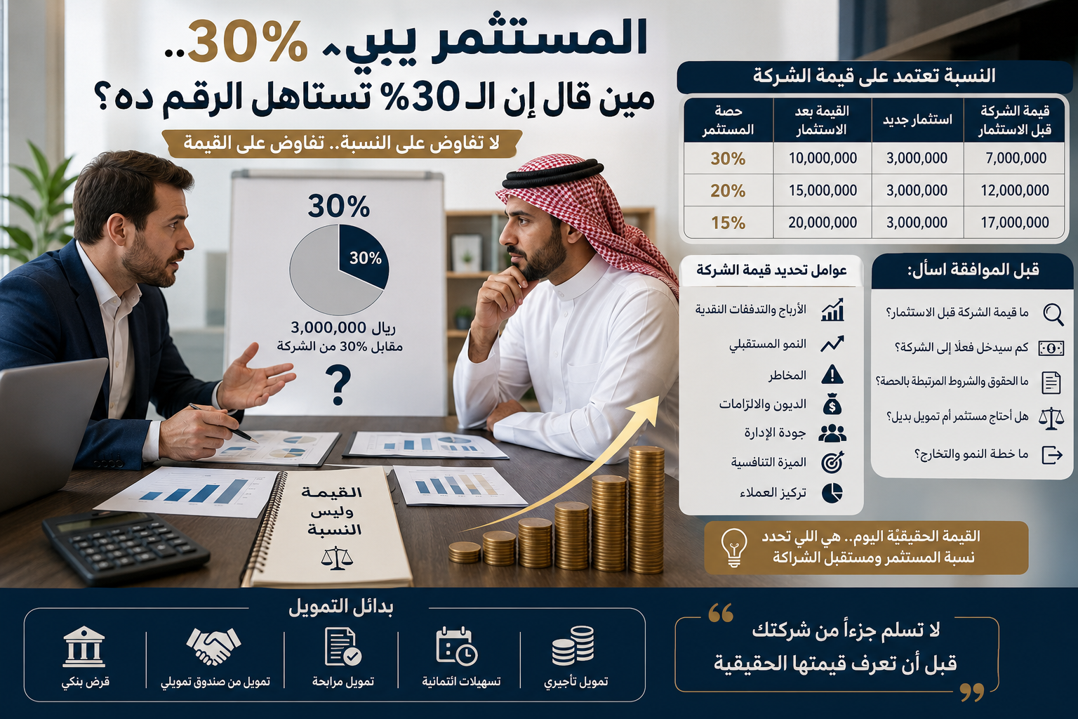 تقييم الشركة لدخول شريك وتحديد نسبة المستثمر العادلة