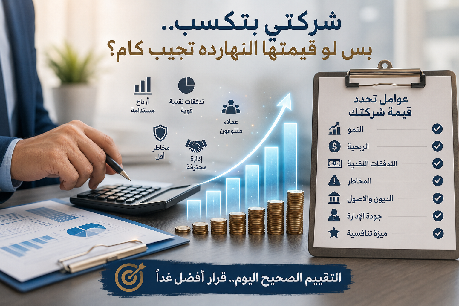 تقييم الشركات وتحديد قيمة الشركة بناء على الأرباح والتدفقات النقدية والنمو والمخاطر والديون وجودة الإدارة